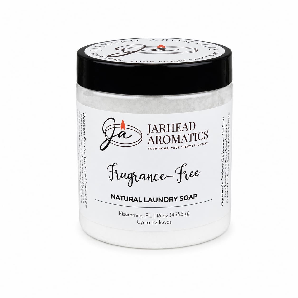 A white jar of Jarhead Aromatics Fragrance-Free Handmade Natural Laundry Soap | Unscented Powdered Laundry Detergent with a black lid. The label states it contains 16 oz (453.5 g), is made in Kissimmee, FL, and lasts up to 32 loads. This handmade, fragrance-free, powdered laundry detergent provides gentle and natural care for your clothes.
