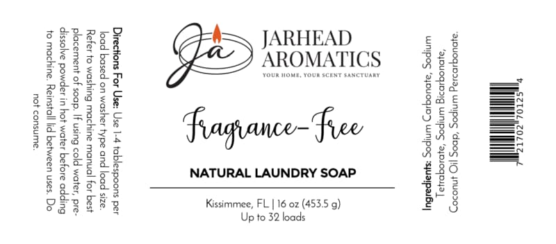 Certainly! Here’s a revised version using your product data: White label for Jarhead Aromatics Fragrance-Free Handmade Natural Laundry Soap | Unscented Powdered Laundry Detergent, carefully crafted and gentle on fabrics. This natural laundry detergent label includes directions, ingredients, barcode, Jarhead Aromatics logo, net weight (16 oz), and a note that it provides up to 32 loads. Features black text on a white background.