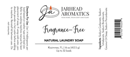 Certainly! Here’s a revised version using your product data: White label for Jarhead Aromatics Fragrance-Free Handmade Natural Laundry Soap | Unscented Powdered Laundry Detergent, carefully crafted and gentle on fabrics. This natural laundry detergent label includes directions, ingredients, barcode, Jarhead Aromatics logo, net weight (16 oz), and a note that it provides up to 32 loads. Features black text on a white background.