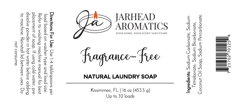 White label for Jarhead Aromatics Fragrance-Free Handmade Natural Laundry Soap, non-toxic powder for sensitive skin. Includes instructions, ingredients, barcode, and 16 oz (453.5 g) weight—up to 32 loads. Branding: Kissimmee, FL.