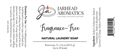 White label for Jarhead Aromatics Fragrance-Free Handmade Natural Laundry Soap, non-toxic powder for sensitive skin. Includes instructions, ingredients, barcode, and 16 oz (453.5 g) weight—up to 32 loads. Branding: Kissimmee, FL.