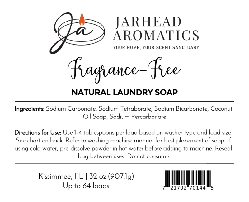Jarhead Aromatics Fragrance-Free Handmade Natural Laundry Soap: a non-toxic powder detergent for sensitive skin. The label includes ingredients, clear directions, and a logo; 32 oz bag cleans up to 64 loads.