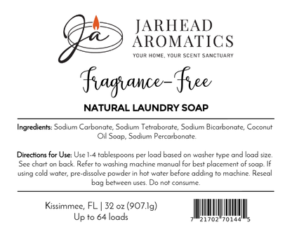 Jarhead Aromatics Fragrance-Free Handmade Natural Laundry Soap: a non-toxic powder detergent for sensitive skin. The label includes ingredients, clear directions, and a logo; 32 oz bag cleans up to 64 loads.
