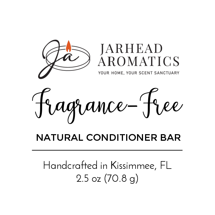 Jarhead Aromatics Fragrance-Free Handmade Natural Conditioner Bar, crafted in Kissimmee, FL. Net wt 2.5 oz (70.8 g). Features a stylized Ja logo with candle flame design.