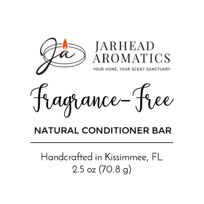 Jarhead Aromatics Fragrance-Free Handmade Natural Conditioner Bar, crafted in Kissimmee, FL. Net wt 2.5 oz (70.8 g). Features a stylized Ja logo with candle flame design.