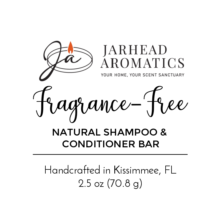 Jarhead Aromatics Fragrance-Free Handmade Natural Shampoo & Conditioner Bar, 2.5 oz (70.8 g), crafted in Kissimmee, FL, with a stylized logo and decorative text on the product label.