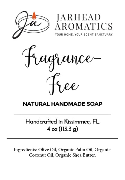 Label for a 4 oz Fragrance-Free Natural Handmade Soap | Unscented Shea Butter Bar Soap by Jarhead Aromatics, handcrafted in Kissimmee, FL, with olive oil, organic palm oil, organic coconut oil, and organic shea butter.
