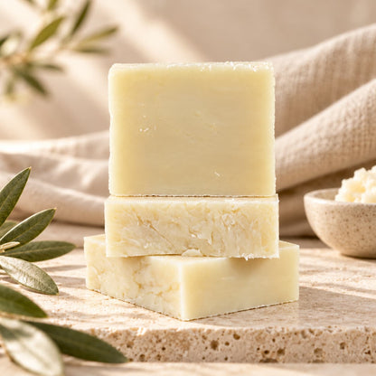 Three rectangular bars of Fragrance-Free Natural Handmade Soap stacked on a stone surface next to olive leaves.