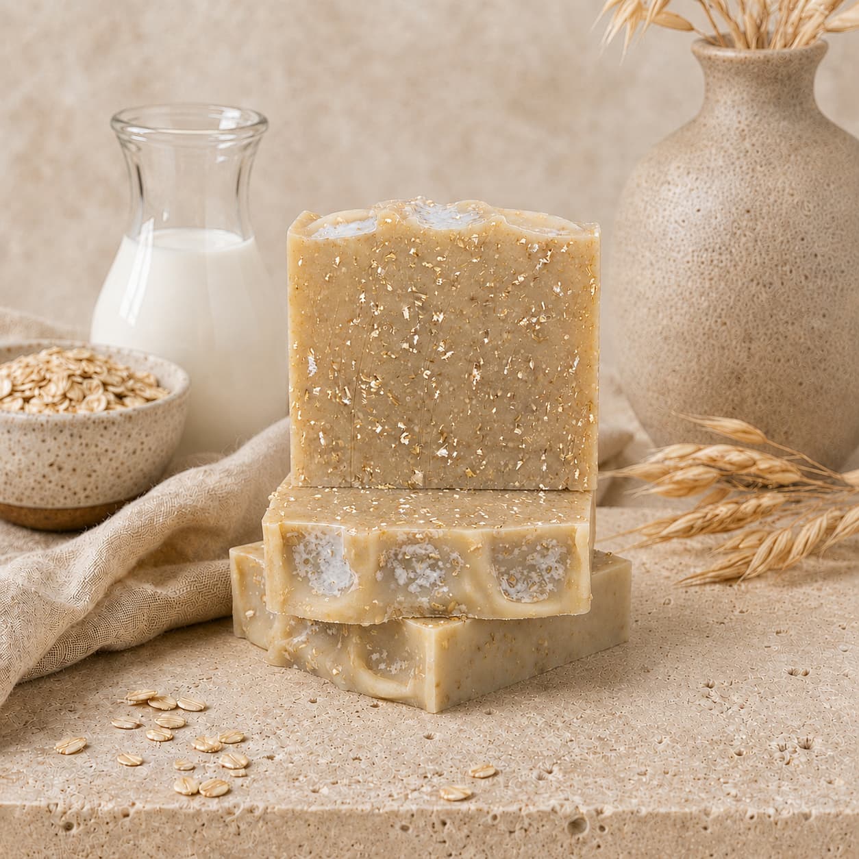Two bars of Jarhead Aromatics Fragrance-Free Oatmeal Handmade Natural Goat Milk Artisan Soap are stacked on a stone surface, with a bowl of oats, a glass jug of milk, and a beige vase holding dried wheat in the background.