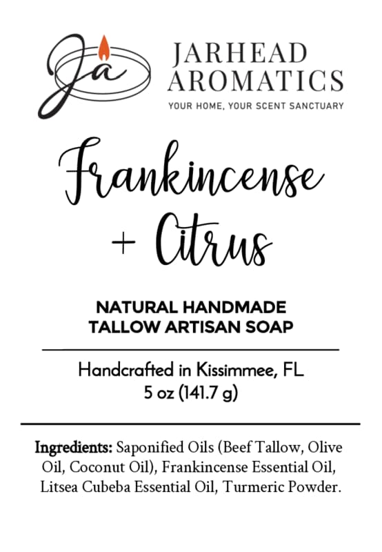 Jarhead Aromatics label for Frankincense + Citrus Handmade Natural Tallow Artisan Soap | Resinous Frankincense & Bright Citrus Soap, 5 oz, meticulously handcrafted in Kissimmee, FL. This artisan soap features a comprehensive ingredient list and showcases the signature candle logo at the top.