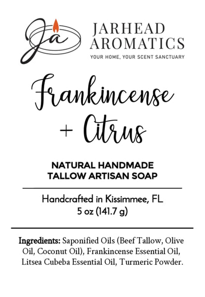 Jarhead Aromatics label for Frankincense + Citrus Handmade Natural Tallow Artisan Soap | Resinous Frankincense & Bright Citrus Soap, 5 oz, meticulously handcrafted in Kissimmee, FL. This artisan soap features a comprehensive ingredient list and showcases the signature candle logo at the top.
