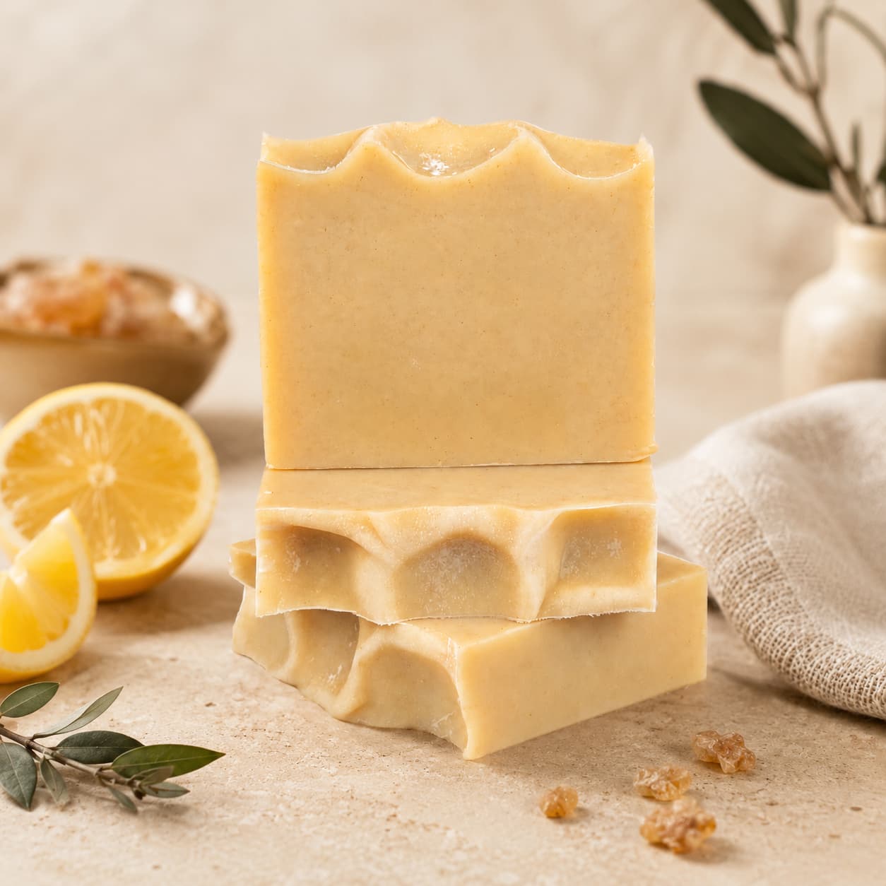Two stacked bars of Jarhead Aromatics Frankincense + Citrus Handmade Natural Tallow Artisan Soap are displayed alongside a lemon slice, green leaves, and a white towel. The creamy yellow soap features a wavy top edge, highlighting its artisan quality and the blend of resinous frankincense with bright citrus. The background is neutral and softly lit.