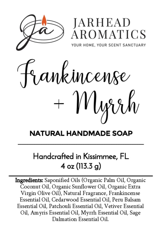 Product label for Frankincense + Myrrh Natural Handmade Soap by Jarhead Aromatics, detailing the ingredients, weight, and location of origin.