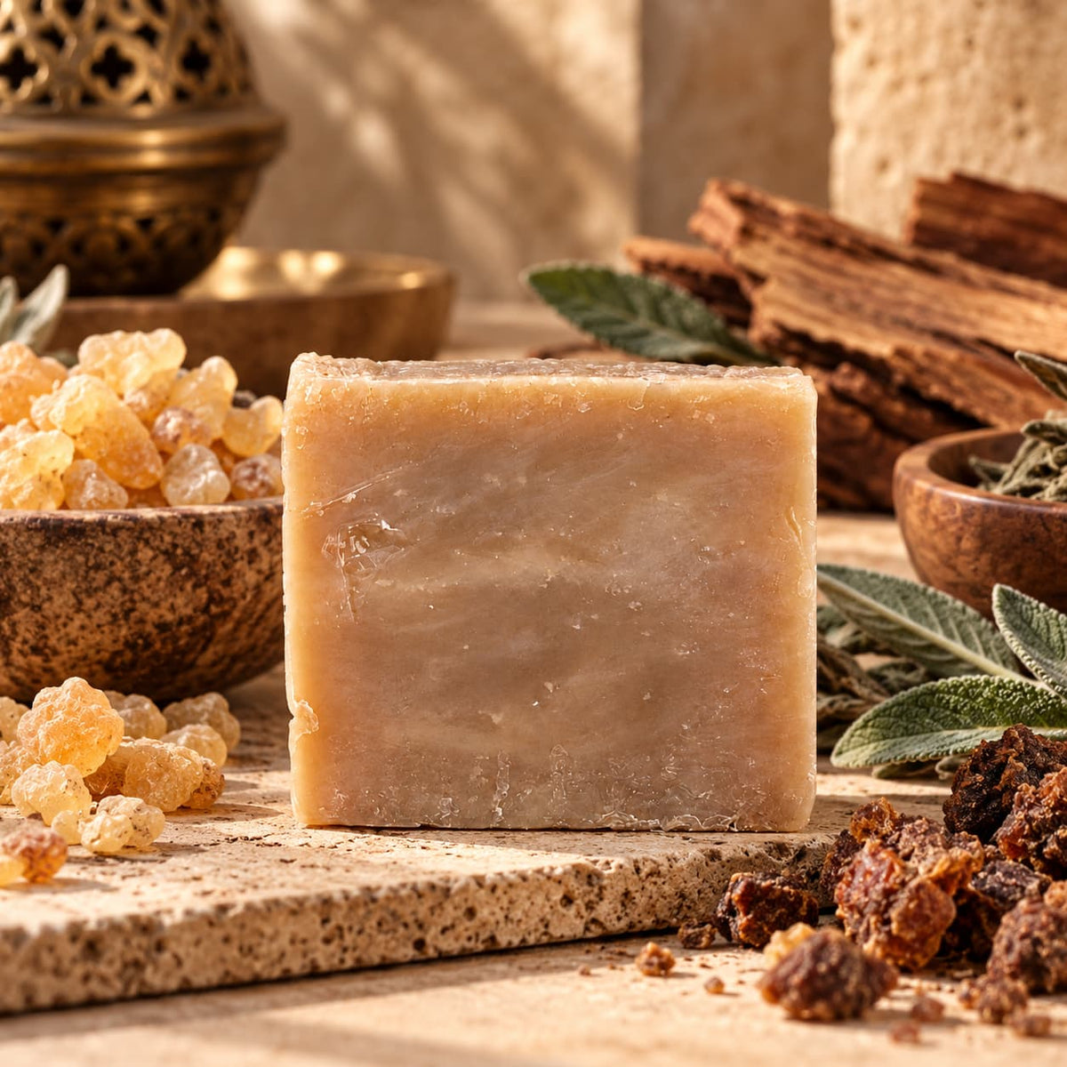A square bar of Frankincense + Myrrh Natural Handmade Soap centered among bowls of frankincense resin, dried herbs, and bark.
