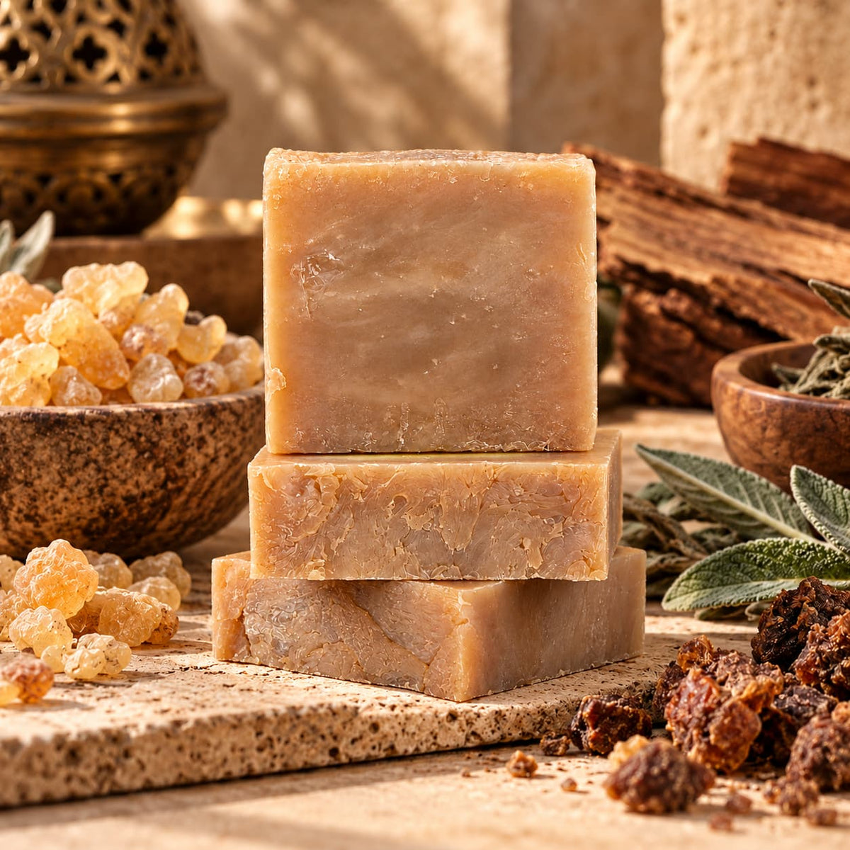 Three stacked bars of textured, beige Frankincense + Myrrh Natural Handmade Soap surrounded by resin crystals, herbs, and wooden bowls.