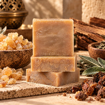 Three stacked bars of textured, beige Frankincense + Myrrh Natural Handmade Soap surrounded by resin crystals, herbs, and wooden bowls.