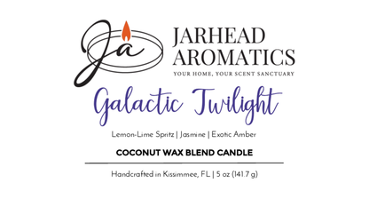 Galactic Twilight - Coconut Wax Blend Candle from Jarhead Aromatics features lemon-lime spritz, sandalwood jasmine, and exotic amber scents. Handcrafted in Kissimmee, FL. Part of the Timeless Collection. 5 oz (141.7 g).