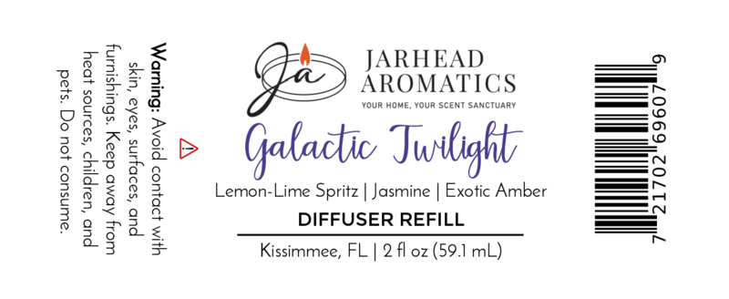 Jarhead Aromatics Galactic Twilight Diffuser Refill—Amber, Jasmine & Sandalwood home fragrance oil. Cosmic-inspired scent. Avoid contact with skin, eyes, or surfaces. Includes barcode and aromatherapy diffuser refill info.