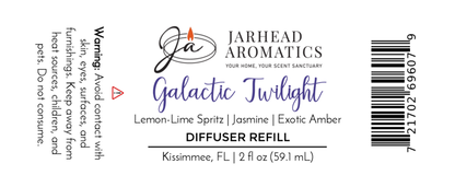 Jarhead Aromatics Galactic Twilight Diffuser Refill—Amber, Jasmine & Sandalwood home fragrance oil. Cosmic-inspired scent. Avoid contact with skin, eyes, or surfaces. Includes barcode and aromatherapy diffuser refill info.