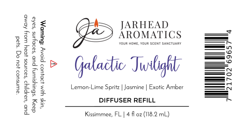 Label for the Galactic Twilight Diffuser Refill by Jarhead Aromatics, featuring amber, jasmine, and sandalwood notes. Includes warning, barcode, and product info on a white background.