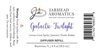 Label for the Galactic Twilight Diffuser Refill by Jarhead Aromatics, featuring amber, jasmine, and sandalwood notes. Includes warning, barcode, and product info on a white background.