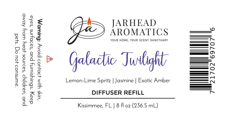 White label for Jarhead Aromatics' Galactic Twilight Diffuser Refill (Amber, Jasmine & Sandalwood), with a cosmic-inspired scent. Includes safety warning and barcode.