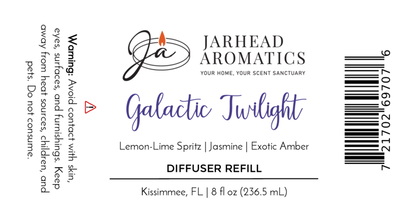 White label for Jarhead Aromatics' Galactic Twilight Diffuser Refill (Amber, Jasmine & Sandalwood), with a cosmic-inspired scent. Includes safety warning and barcode.
