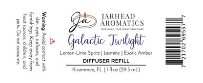 Jarhead Aromatics Galactic Twilight Car Diffuser Refill | Amber, Citrus & Sandalwood. 1 fl oz (29.5 mL). Warning/Barcode included. Made in Kissimmee, FL. Refresh your car with a lemon-lime spritz, jasmine & exotic amber scent blend.