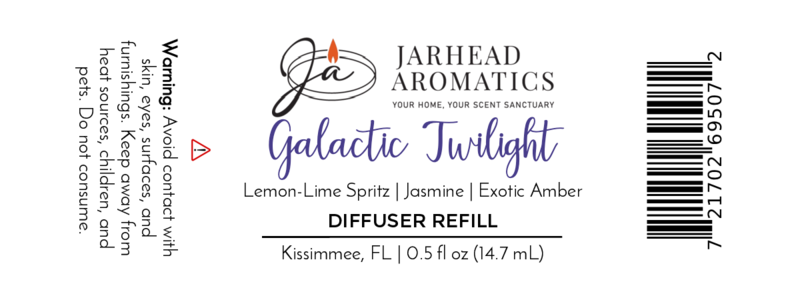 Label for Jarhead Aromatics Galactic Twilight Cold Air Diffuser Refill—Amber Vanilla & Citrus scent. Includes safety warning, barcode, and product info in black and purple on white.