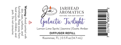 Label for Jarhead Aromatics Galactic Twilight Cold Air Diffuser Refill—Amber Vanilla & Citrus scent. Includes safety warning, barcode, and product info in black and purple on white.