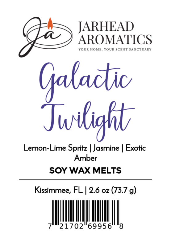 Jarhead Aromatics Galactic Twilight Soy Wax Melt in Amber Citrus & Sandalwood. Long-lasting lemon-lime, jasmine, amber aroma. Crafted in Kissimmee, FL. Includes product weight and barcode.