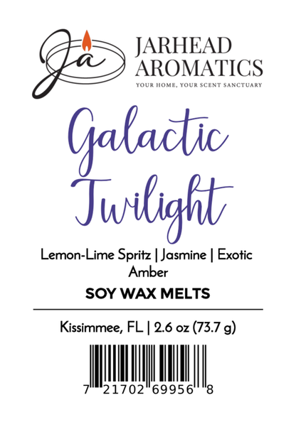 Jarhead Aromatics Galactic Twilight Soy Wax Melt in Amber Citrus & Sandalwood. Long-lasting lemon-lime, jasmine, amber aroma. Crafted in Kissimmee, FL. Includes product weight and barcode.