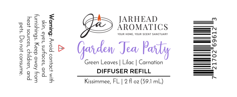 Jarhead Aromatics Garden Tea Party Diffuser Refill | Rose, Jasmine & Vanilla Floral Home Fragrance Oil Refill. Fresh floral scent. Warning: avoid contact with skin and surfaces. Size: 2 fl oz (59.1 mL). Barcode is shown.