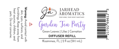 Jarhead Aromatics Garden Tea Party Diffuser Refill | Rose, Jasmine & Vanilla Floral Home Fragrance Oil Refill. Fresh floral scent. Warning: avoid contact with skin and surfaces. Size: 2 fl oz (59.1 mL). Barcode is shown.
