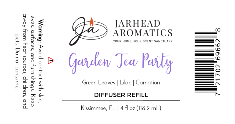 Label for Jarhead Aromatics Garden Tea Party Diffuser Refill—rose, jasmine & vanilla floral fragrance oil, 4 oz (118.2 mL). Includes barcode, warning, and contact info.