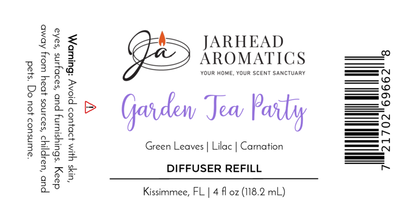 Label for Jarhead Aromatics Garden Tea Party Diffuser Refill—rose, jasmine & vanilla floral fragrance oil, 4 oz (118.2 mL). Includes barcode, warning, and contact info.