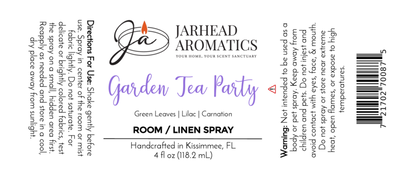 Jarhead Aromatics Garden Tea Party Room & Linen Spray (Rose, Lilac & Jasmine), 4 fl oz—handcrafted floral home fragrance with directions, warnings, full ingredients, brand logo included.