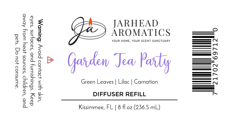 The Jarhead Aromatics Garden Tea Party Diffuser Refill label features a floral scent of rose, jasmine, and vanilla, product size (8 fl oz), warning, barcode, elegant floral script, and Jarhead Aromatics branding.
