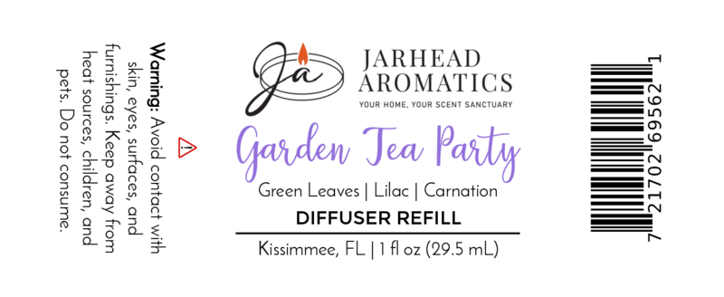 A label for Jarhead Aromatics Garden Tea Party Car Diffuser Refill | Elegant Floral & Greenery Car Air Freshener features green leaves, lilac, and carnation notes, a skin/surface contact warning, and a barcode on the right side.