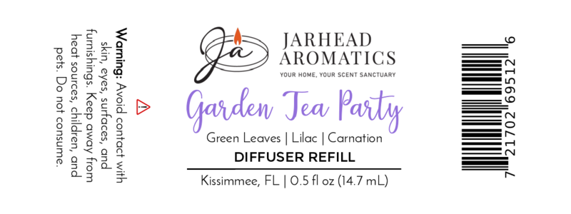 Label for Jarhead Aromatics Garden Tea Party Cold Air Diffuser Refill | Floral Bouquet & Greenery, with green leaves, lilac & carnation, warning, barcode & company info from Kissimmee, FL, 0.5 fl oz (14.7 mL).