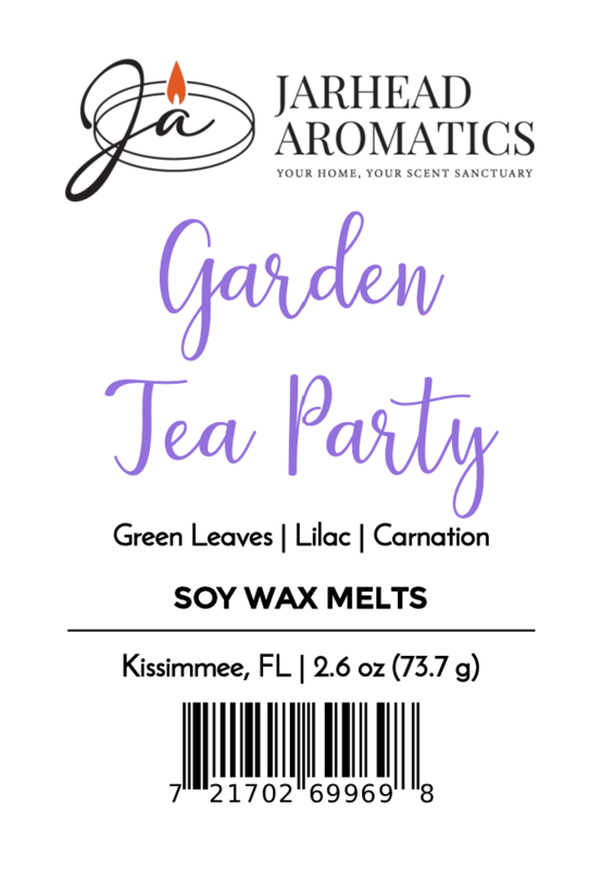 Garden Tea Party Soy Wax Melt by Jarhead Aromatics—romantic floral garden scent with green leaves, lilac, and carnation. Label features logo, scent notes, 2.6 oz weight, and barcode at the bottom.