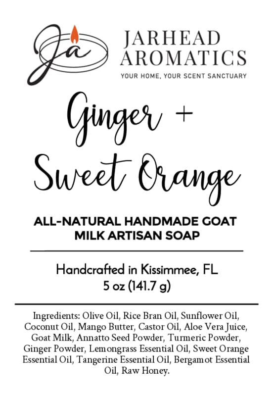Jarhead Aromatics Ginger + Sweet Orange Handmade Natural Goat Milk Artisan Soap label; handcrafted in Kissimmee, FL. This zesty citrus and warm ginger soap features a refreshing blend of ginger and sweet orange scents. The label lists all-natural ingredients, weight (5 oz), and highlights the soap as a natural artisan product—handmade with care for a truly luxurious experience.