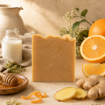 A bar of Ginger + Sweet Orange Handmade Natural Goat Milk Artisan Soap by Jarhead Aromatics stands upright on a beige surface, surrounded by a glass of milk, orange slices, ginger, honey on a wooden dish, and green leaves, creating a natural and fresh setting that highlights its zesty citrus and warm ginger ingredients.