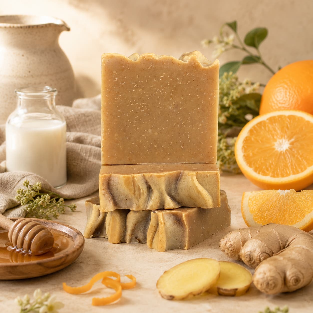 Two bars of Jarhead Aromatics’ Ginger + Sweet Orange Handmade Natural Goat Milk Artisan Soap are stacked with fresh oranges, ginger, honey, milk, and a ceramic pitcher in the background, creating a natural and refreshing scene.