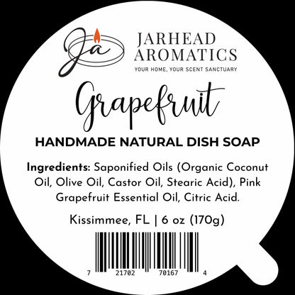 Round label for Jarhead Aromatics Grapefruit Handmade Natural Solid Dish Soap—an eco-friendly, plant-based kitchen cleaning bar with organic oils and grapefruit essential oil. Citrus-scented and ideal for sustainable kitchens, this solid soap weighs 6 oz (170g). Barcode included. Crafted in Kissimmee, FL.