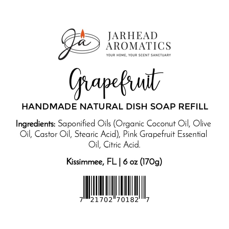 Label for Jarhead Aromatics Grapefruit Handmade Natural Solid Dish Soap, a citrus kitchen cleaning bar made with grapefruit essential oil and natural, plant-based ingredients. Ingredients and product origin are clearly displayed, with a barcode located at the bottom.