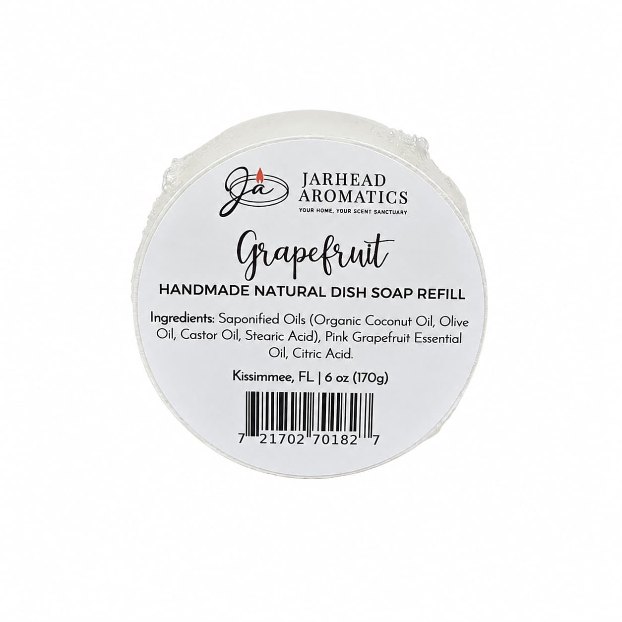 Grapefruit Handmade Natural Solid Dish Soap by Jarhead Aromatics—this round, 6 oz (170g) solid kitchen cleaning bar is labeled “Grapefruit” and made in Kissimmee, FL. The packaging shows ingredients and a barcode, and the text highlights that it’s a handmade dish soap crafted with plant-based ingredients and grapefruit essential oil.