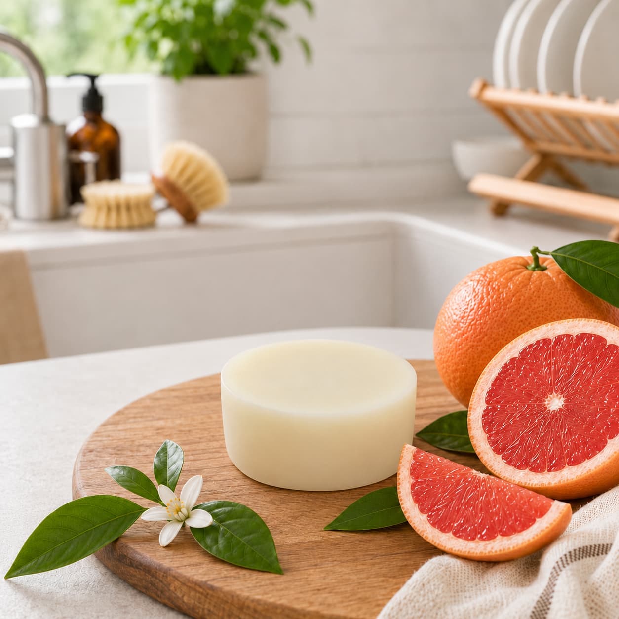 A Grapefruit Handmade Natural Solid Dish Soap bar by Jarhead Aromatics rests on a wooden board alongside grapefruit halves, fresh leaves, and a blossom; in the softly blurred background, a kitchen sink, dish rack, and soap dispenser are visible.