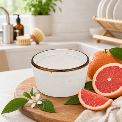 A white ceramic bowl sits on a wooden board next to a halved grapefruit, green leaves, and a blossom in a bright kitchen with plants and dishes in the background—an inviting scene enhanced by the presence of Jarhead Aromatics’ Grapefruit Handmade Natural Solid Dish Soap, a citrus kitchen cleaning bar infused with grapefruit essential oil that brings fresh, plant-based cleaning to your everyday routine.