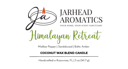 Jarhead Aromatics - Your Home, Your Scent Sanctuary. Himalayan Retreat Coconut Wax Blend Candle: Cedar, Sandalwood & Amber. Luxury scented coconut wax blend. Handcrafted in Kissimmee, FL | 5 oz (141.7 g).